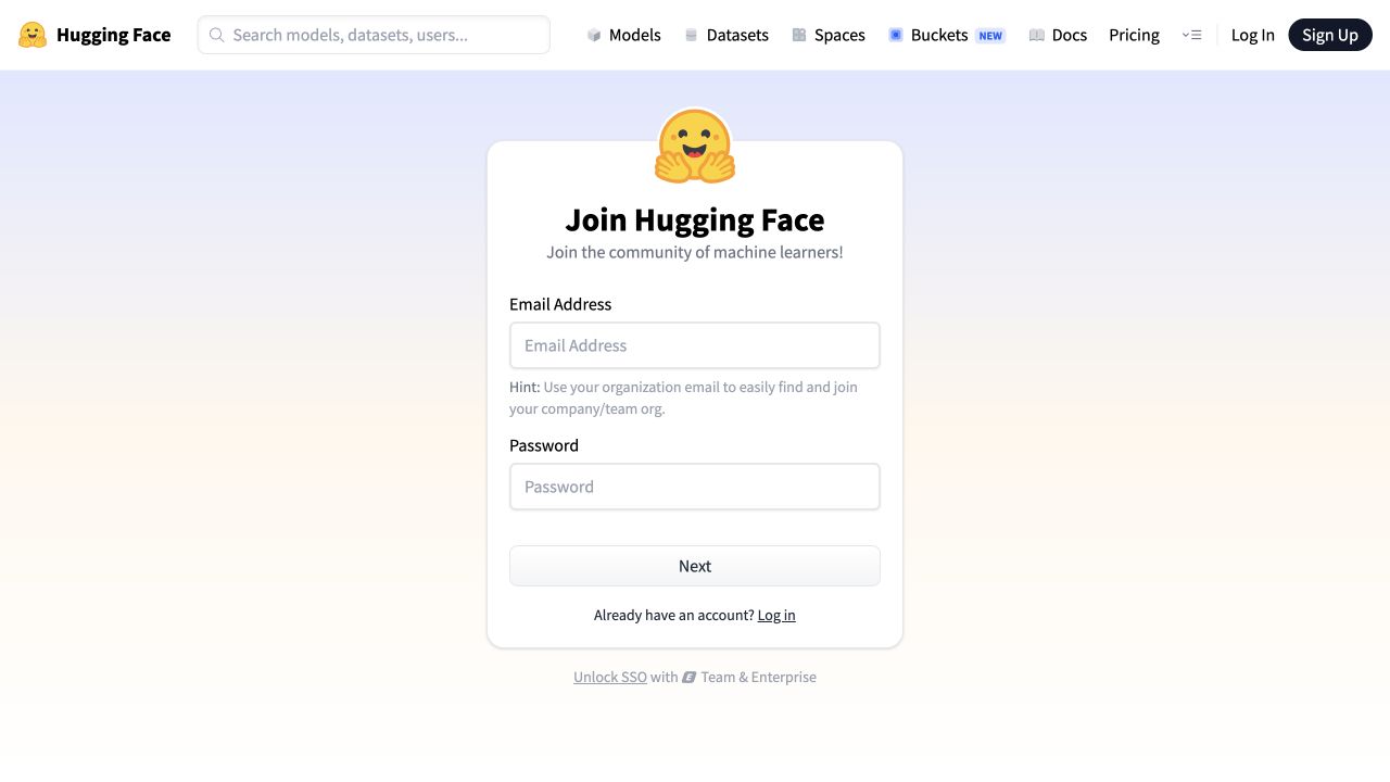 Actual Hugging Face sign-up page with email, password and Next fields